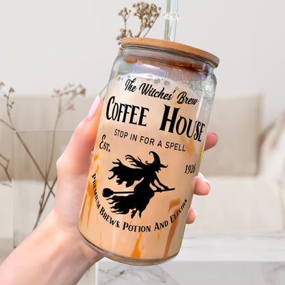 Petthouse | Witches Brew Coffee House Glass Can, Halloween Witchy Cup, Coffee House Witch Spooky Vibes