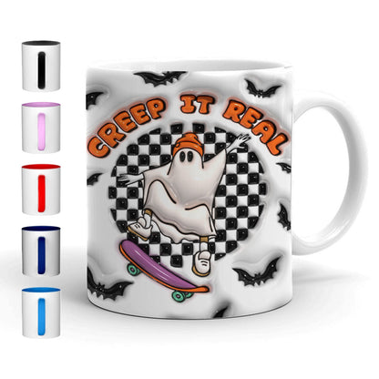 Petthouse | Ghost Creep It Real Halloween Mug, Cute Skater Ghost 3d Inflated Effect Mug, Spooky Season