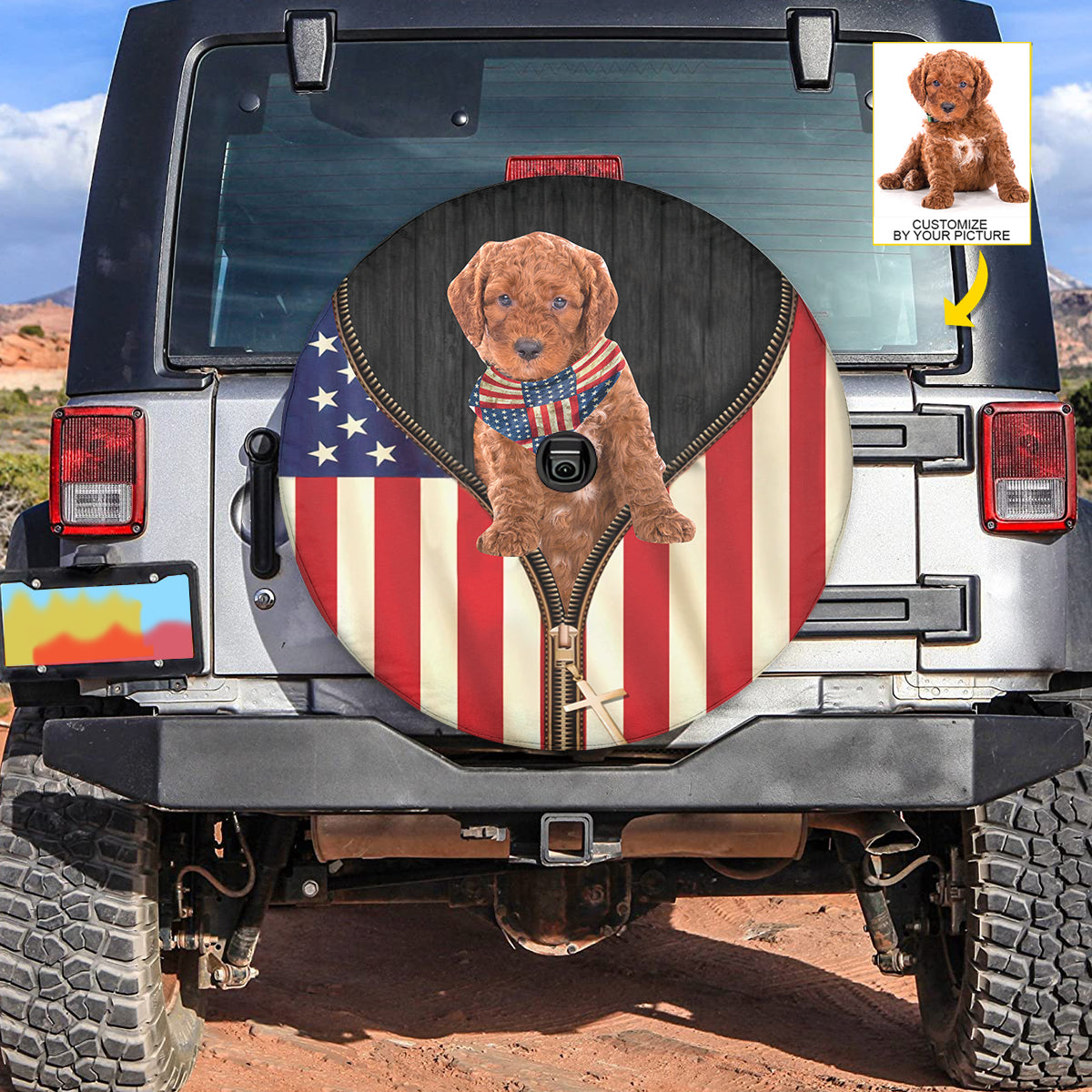 Petthouse | Red Poodle Customized Photo Spare Tire Cover Dog Patriotic Tire Protector Covers Canvas Tire