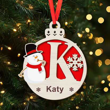 Petthouse | Personalized Christmas Balls With Name Ornament, Snowman Kids Wood Ornament, Monogram Christmas