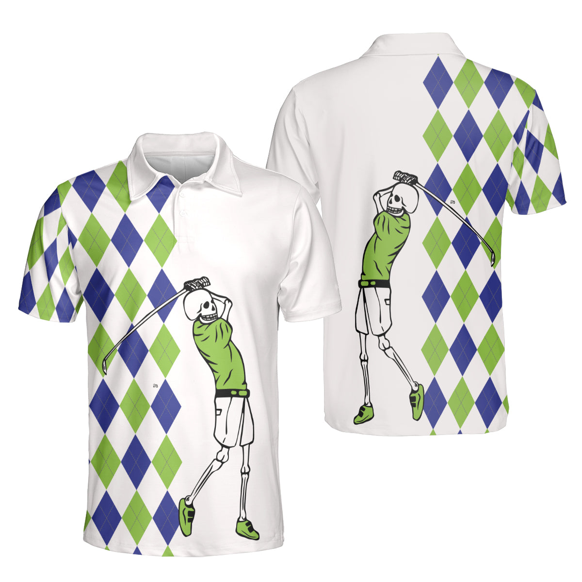 Petthouse | Golfer Skeleton Halloween Green And Blue Argyle Pattern Polo Shirt Golf Player Athletes Sport Shirt Dad