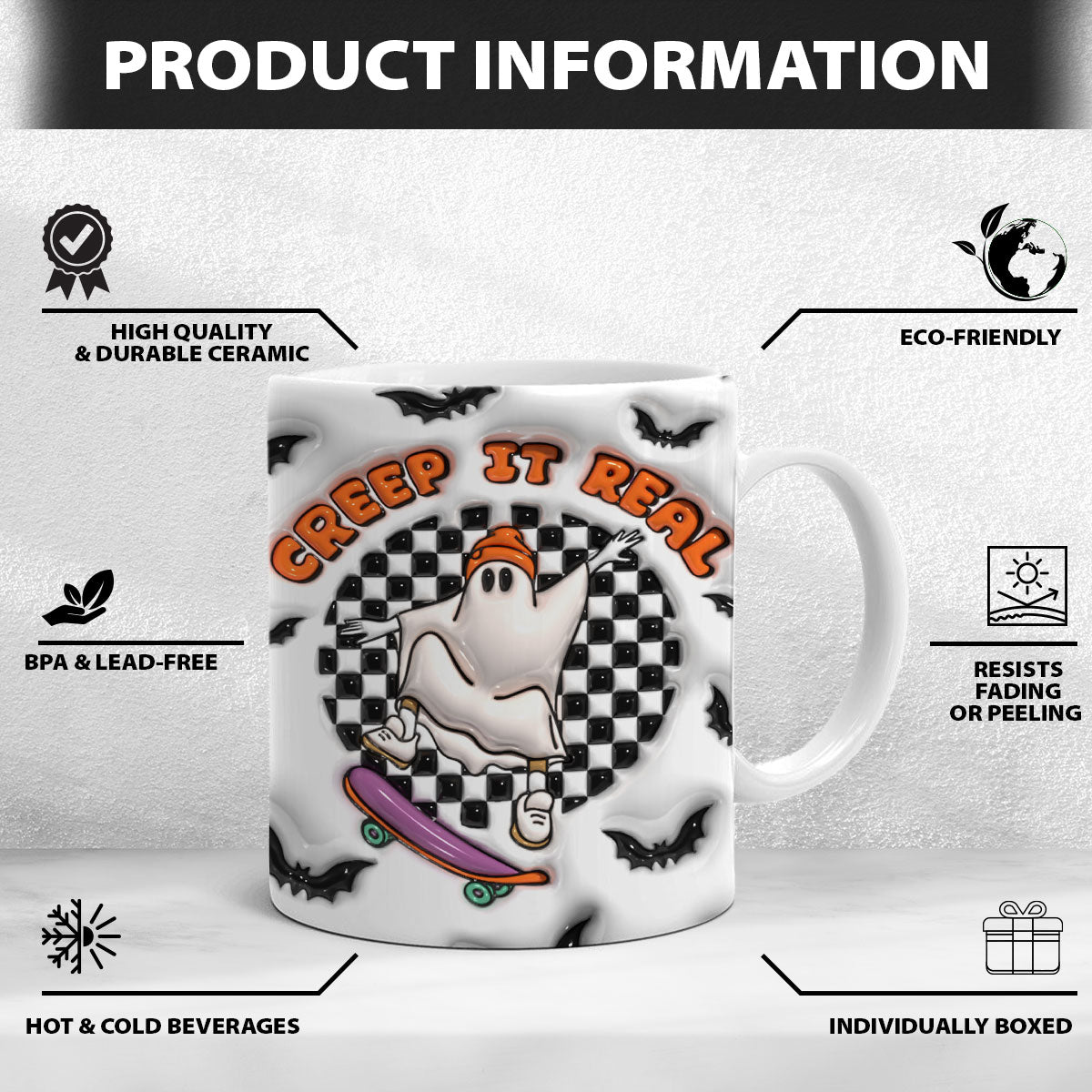 Petthouse | Ghost Creep It Real Halloween Mug, Cute Skater Ghost 3d Inflated Effect Mug, Spooky Season