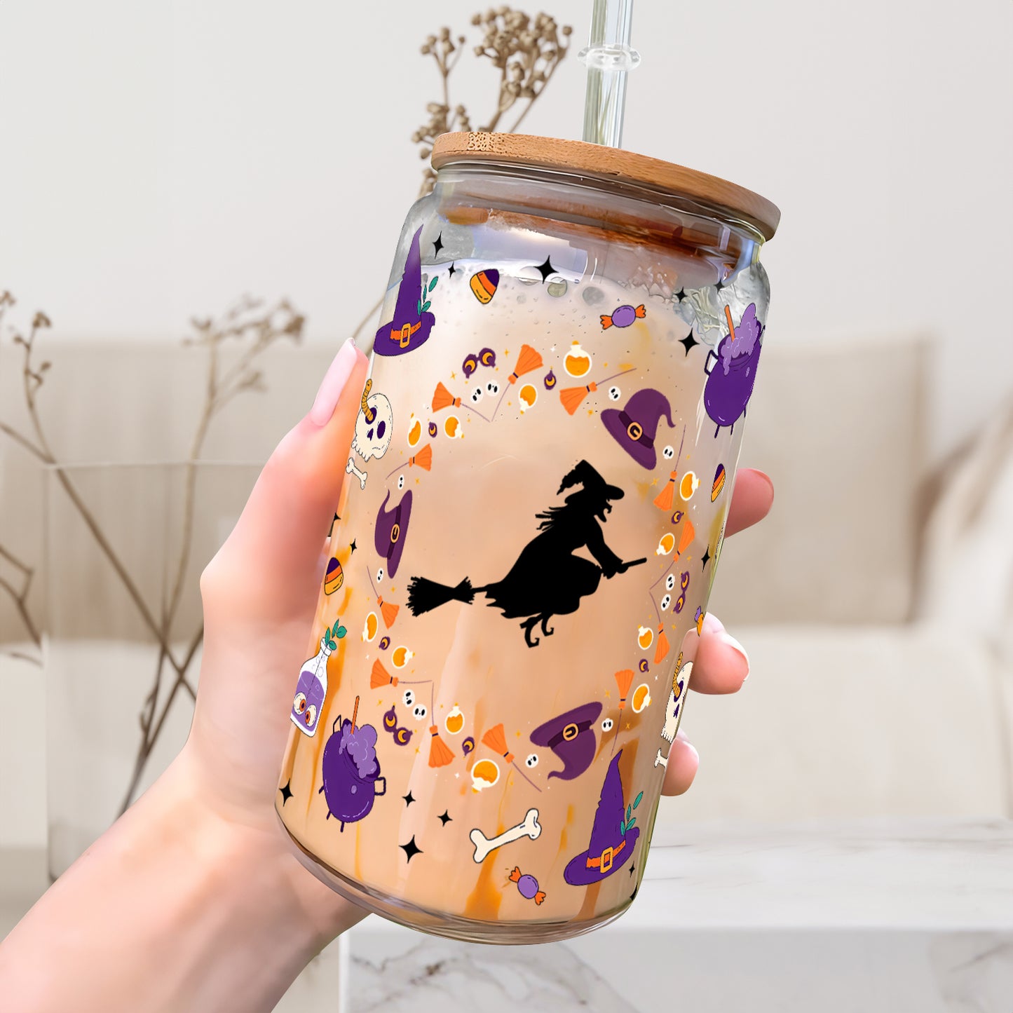 Petthouse | Halloween Vibes Glass Can, Witch Halloween Glass Cup, Cute Ghost Ice Coffee Cup, Halloween Gift