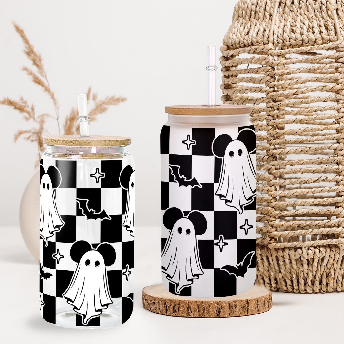 Petthouse | Ghost Mouse Halloween Glass Can, Halloween Mouse Glass Can Wrap, Checkered Ghost, Checkerboard