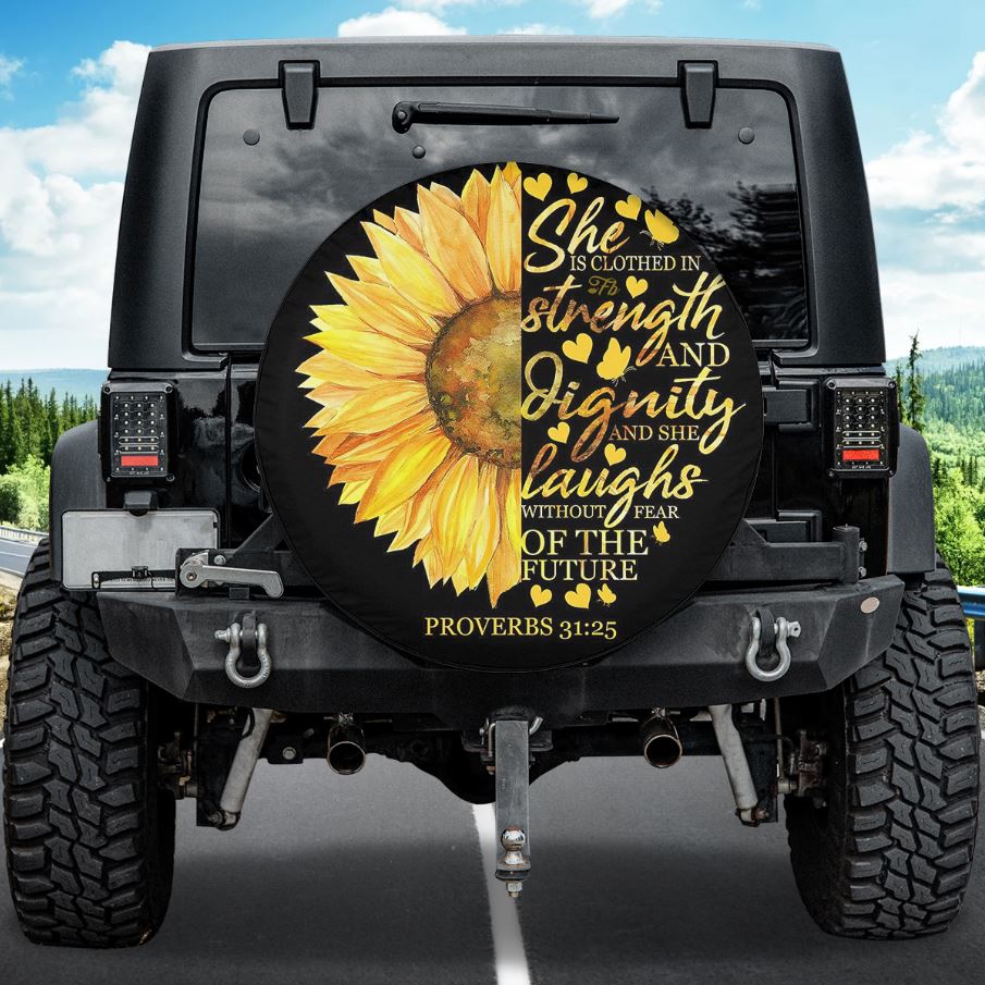 Petthouse | She Is Clothed In Strength Cover Sunflower Tire Cover Sunflower Oil Painting Wrap Car Tire Decor