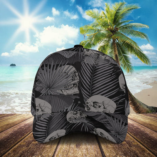 Petthouse | White Skull Pattern Baseball Cap Palm Leaves Pattern Baseball Cap Horror Style Best Gift