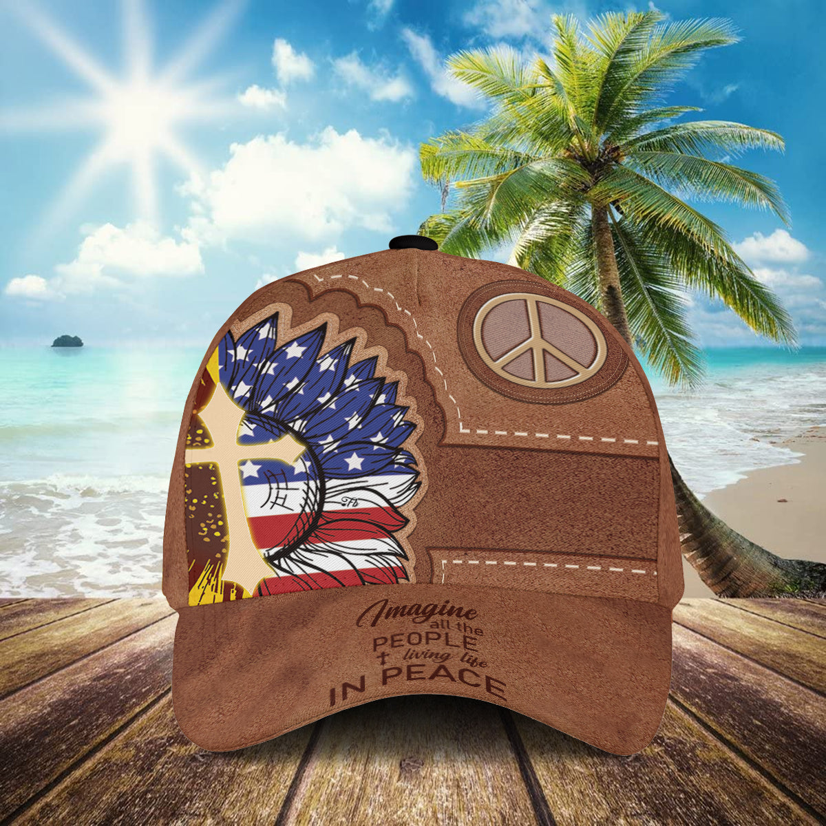 Petthouse | Cross Sunflower American Flag Classic Cap Imagine All The People Living Life In Peace