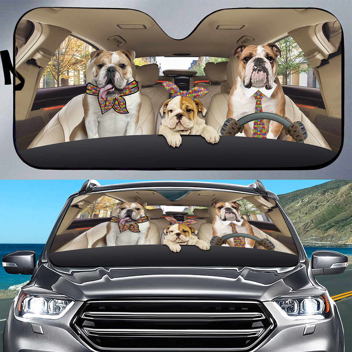 Petthouse | English Bulldog Driver Car Sun Shade Autism Awareness Car Sun Shade Windshield Car Decorations