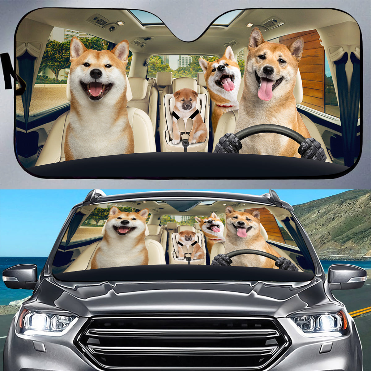 Petthouse | Shiba Inu Family Printed Car Sunshade Shiba Printed Auto Decoration Puppies Shiba Fans Gift