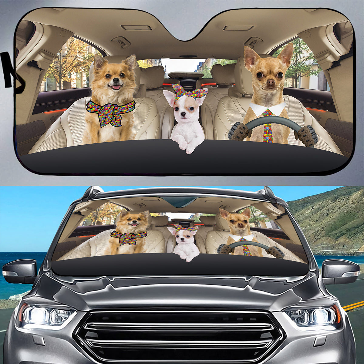 Petthouse | Chihuahua Autistic Family Sun Shade Autism Awareness Automotive Windshield Sunshades