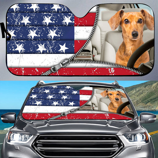 Petthouse | Red Dachshund Car Sun Shade Windshield Vintage American Flag Dog Sunshade Patriot Day Car Decor