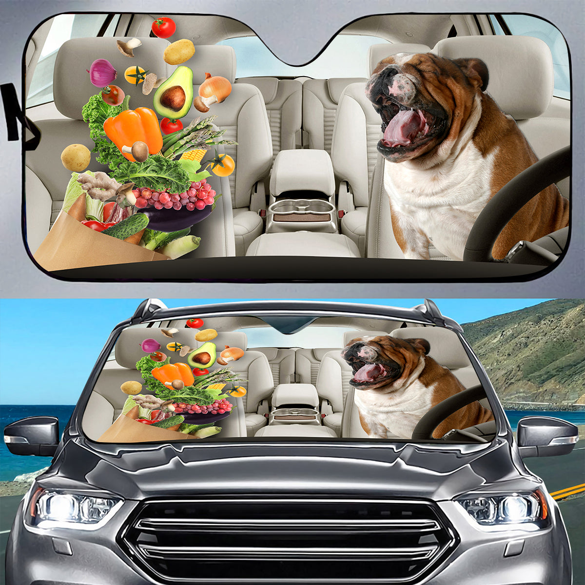 Petthouse | English Bulldog Sun Shade Funny Yelling Dog At Vegetable Windshield Sun Shade Sun Visor For Car