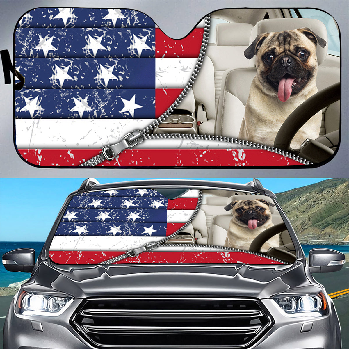 Petthouse | Pug Dog Car Sun Shade Windshield American Flag Truck Dog Sunshade The Patriot Gift Dog Lover