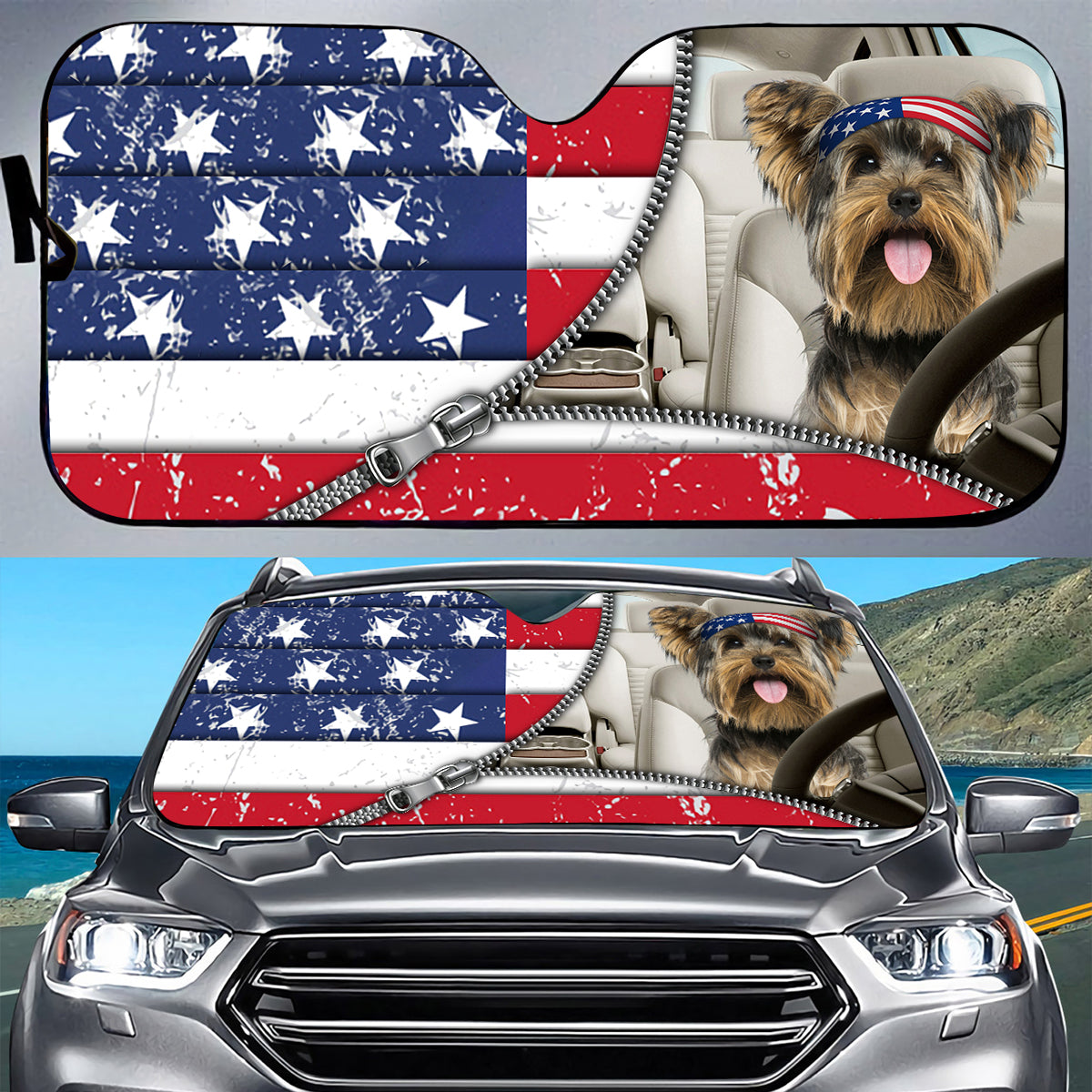 Petthouse | Yorkshire Terrier Dog Sunshade American Flag Windshield Sun Shade Car Sun Shade Windshield