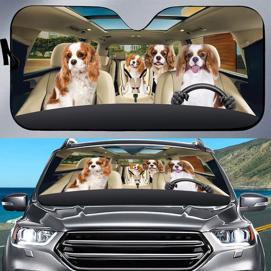 Petthouse | Red Cavalier King Charles Spaniel Family Driving Car Sunshade Fun Car Decoration For Dog Owners