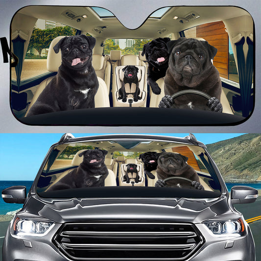 Petthouse | Black Pug Family Sunshade Dog Car Accessories Car Sun Visors For Windshield Dog Lover Gift