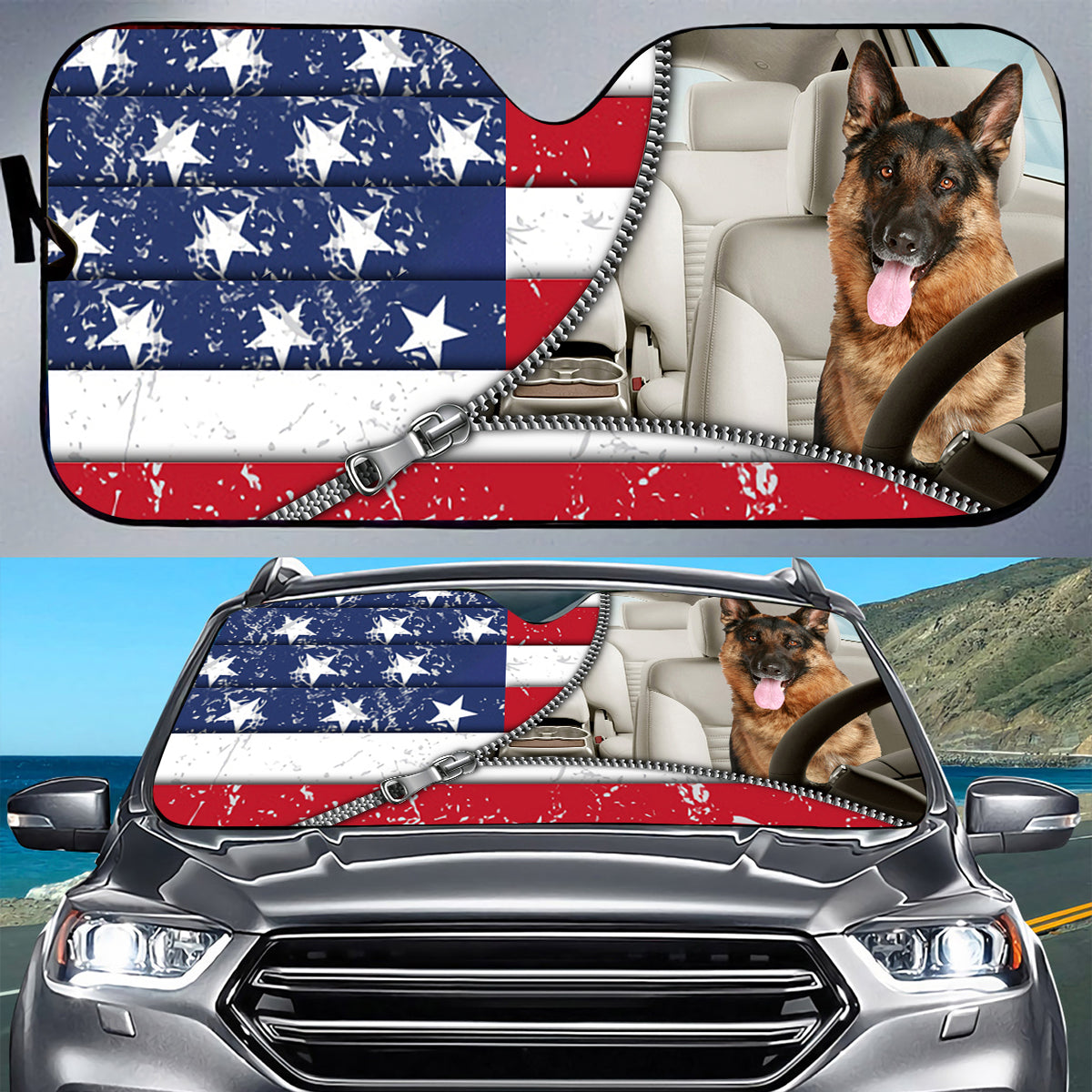 Petthouse | German Shepherd American Flag Windshield Sun Shade Patriotic Window Shade For Independence Day