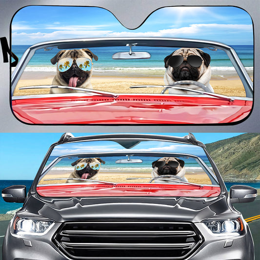 Petthouse | Pug Summer Trip Tailgate Mural Dog Couple Beach Scenery Tailgate Wraps For Trucks Summer Vacation