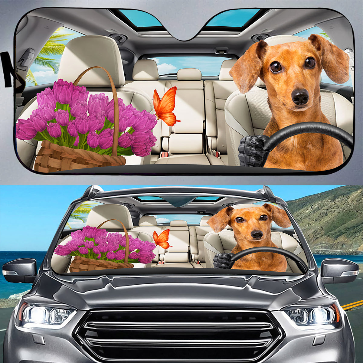 Petthouse | Dachshund Dog Windshield Sun Shade Funny Dog Driver Window Shade Tulip Basket For Beautiful