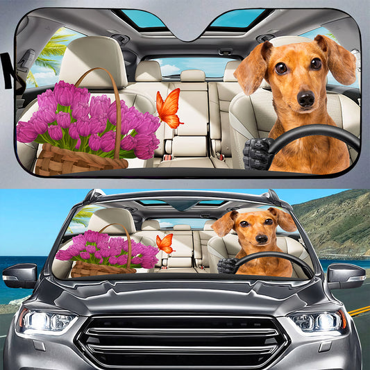 Petthouse | Dachshund Dog Windshield Sun Shade Funny Dog Driver Window Shade Tulip Basket For Beautiful