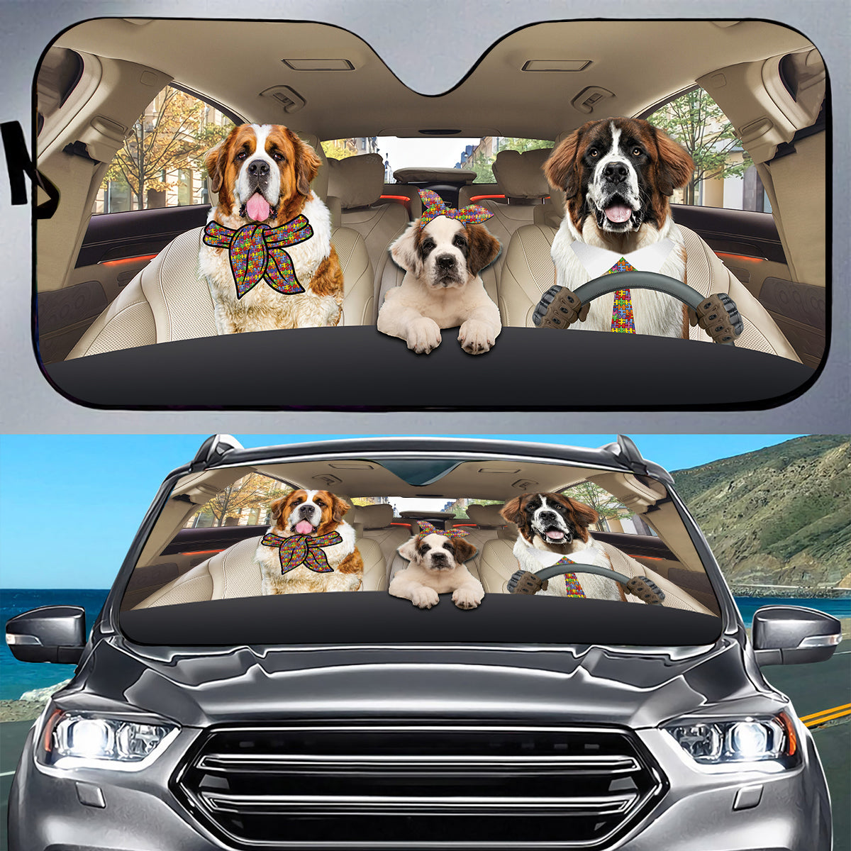 Petthouse | St Bernard Dog Car Windshield Sunshade Autism Awareness Sun Shade Car Windshield Car Decor