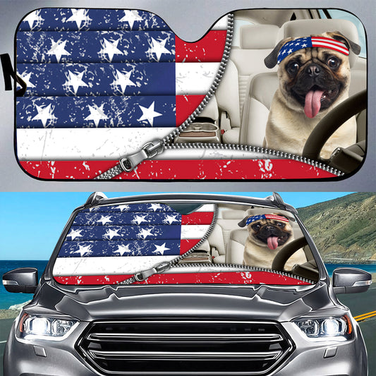 Petthouse | Pug Cute Dog Sunshade Car Sun Shade Windshield American Patriot Us Flag Sun Shield For Car