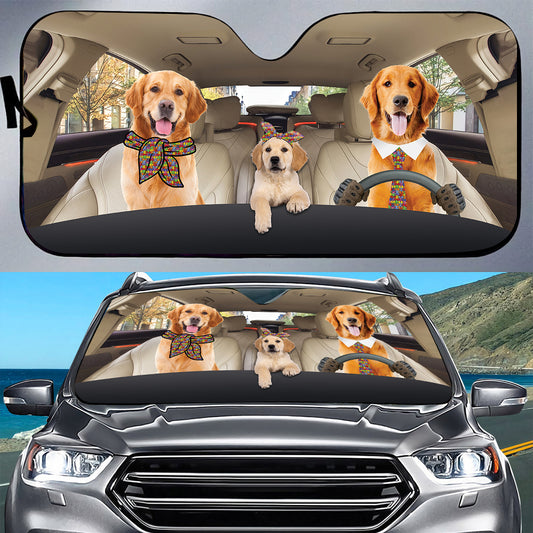 Petthouse | Autism Awareness Golden Retriever Dog Family Printed Car Sun Shade Windshield Golden Dog