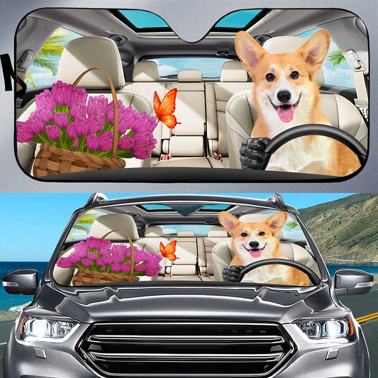 Petthouse | Corgi Dog Sunshade Windshield Sun Shade Dog And Flower Sun Visor For Car Windshield