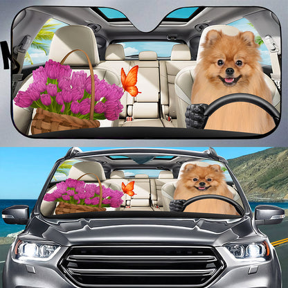 Petthouse | Pomeranian Dog Sunshade Dog And Tulips Windshield Sun Shade Windshield Cover Sun Shield