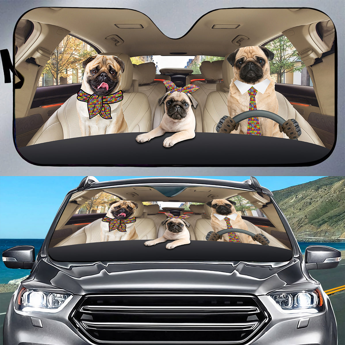 Petthouse | Funny Pug Dog Driving Car Front Windshield Car Sun Shade Autism Awareness Sun Visor