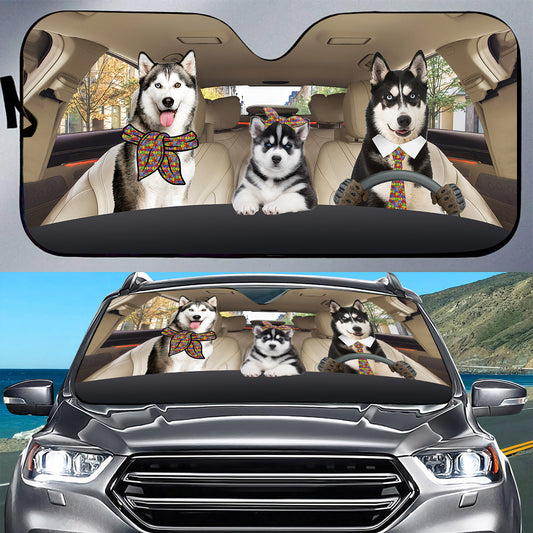 Petthouse | Husky Siberian Autism Family Driver Printed Car Sunshade Husky Dog Windshield Car Shade