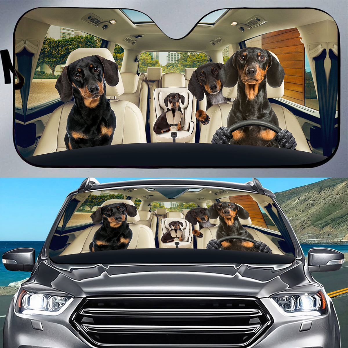 Petthouse | Black Dachshund Wiener Family Sunshade Dog Car Accessories Car Sun Visors For Windshield Dog