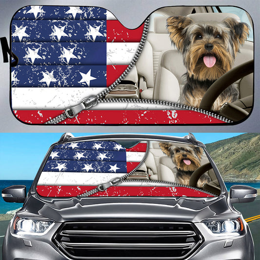 Petthouse | Yorkshire Terrier American Flag Sun Shade American Patriot Windshield Sun Shade Windshield Cover