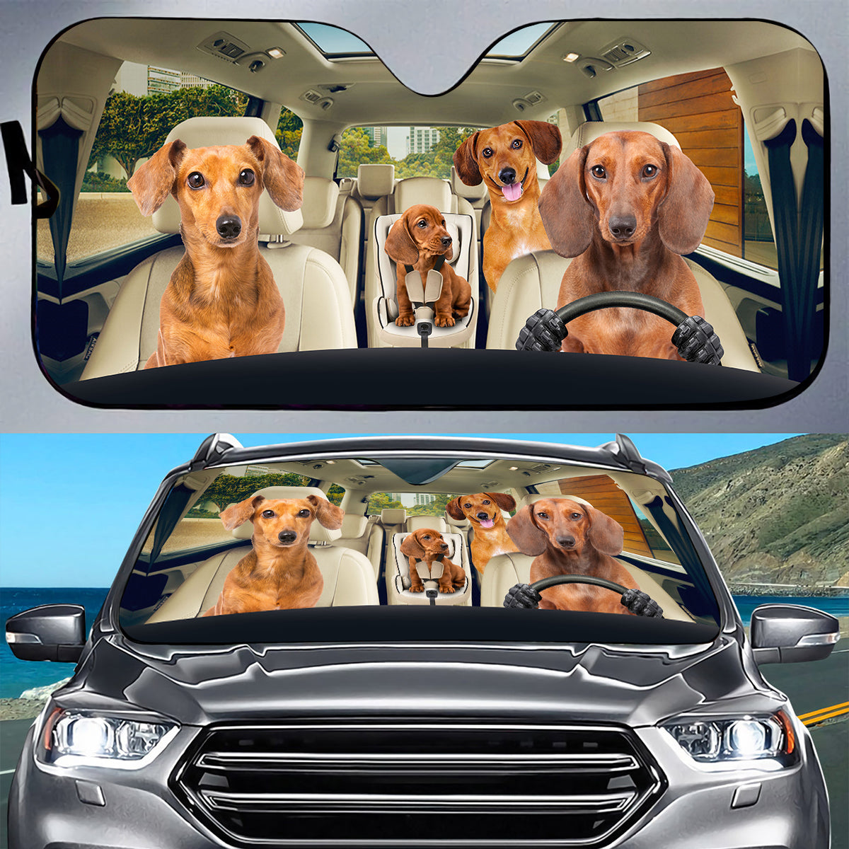 Petthouse | Dachshund Family Sunshade Dog Car Accessories Car Sun Visors For Windshield Dog Lover Gift