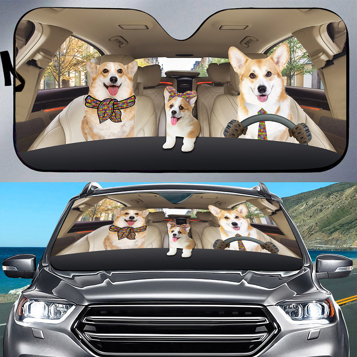 Petthouse | Autism Awareness Windshield Sun Shade Corgi Family Automotive Interior Sun Protection Autism