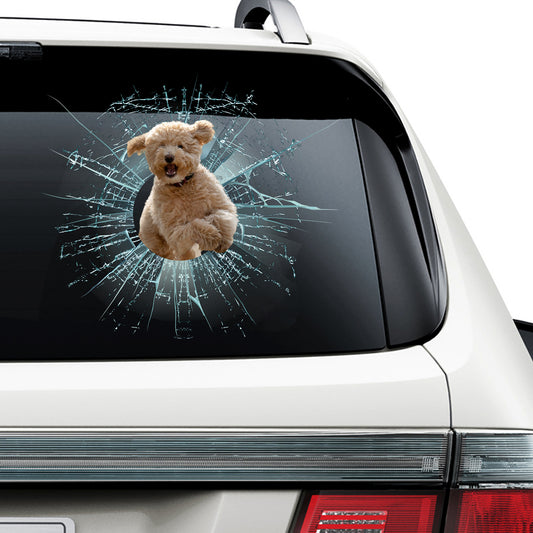 Petthouse | Funny Goldendoodle Dog Jumping Car Stickers Dog Running Cracked Glass Decal Fun Car Decoration