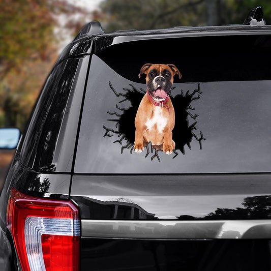 Petthouse | Boxer Funny Window Decal Dog Water Bottle Vinyl Sticker Big Hole Crack Effect Print Dog Lovers