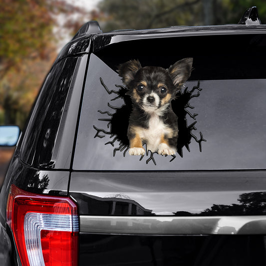 Petthouse | Black Long-haired Chihuahua Dog Car Decals Crack Effect Print Sticker Fun Car Decor Dog Lovers