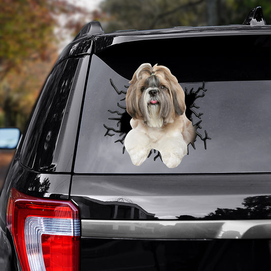 Petthouse | Long Coat Shih Tzu Vinyl Decal Dog Inside Big Crack Hole Print Sticker Fun Car Decor Peel