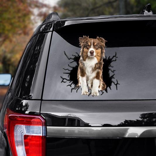 Petthouse | Brown Australian Shepherd Vinyl Decal Dog Peeking Out Crack Hole Sticker For Dog Lovers