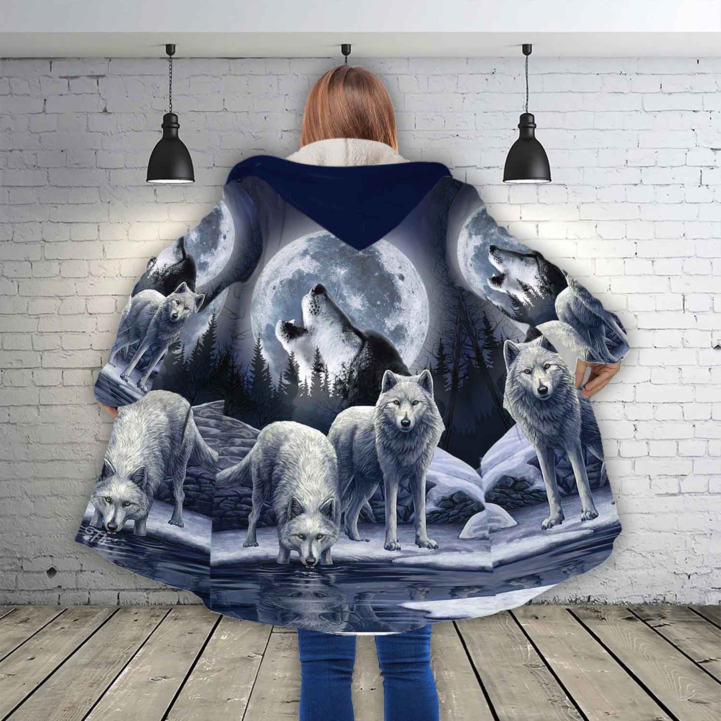Petthouse | White Wolf Moon Forest Winter Printed Hooded Cloak, Wolf Animal Lovers Christmas Day Gift