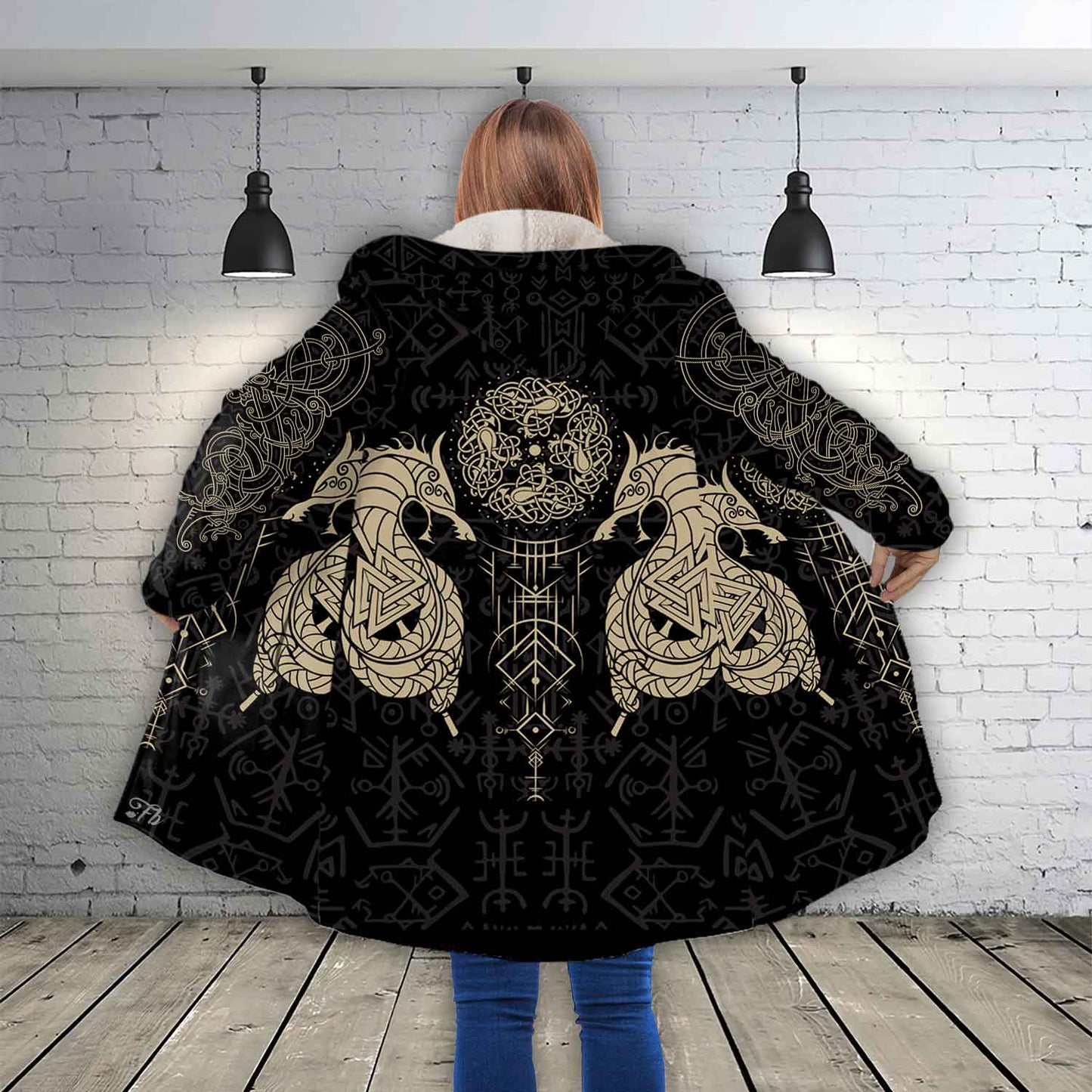 Petthouse | Viking Wolf Fenrir Hooded Cloak Viking Runes Pattern Cloak Coat Viking Odin Celtic Nordic