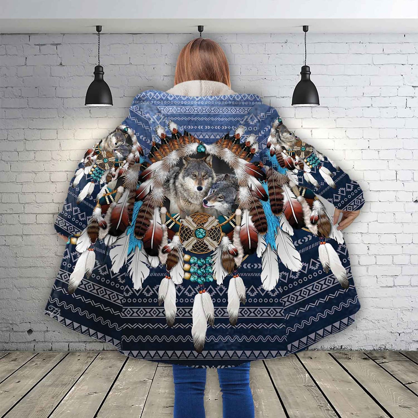 Petthouse | Wolf Couple Husband Wife Dreamcatcher Hooded Cloak, Amerinds People Vintage Gifts Native