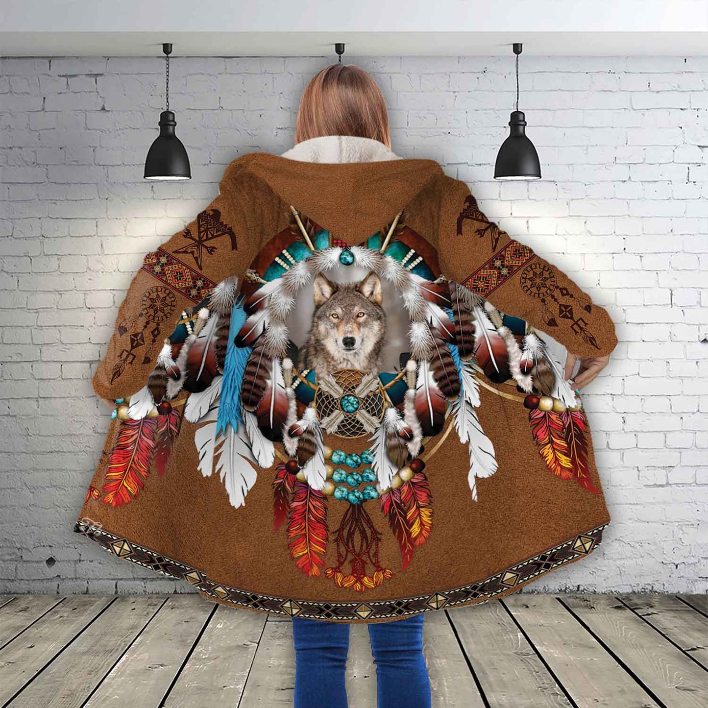 Petthouse | Wolf Dreamcatcher Brown Printed Hooded Cloak, Indian Girls Native Dad Gift  Indigenous