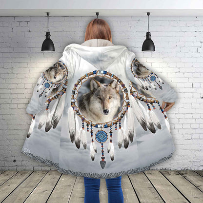 Petthouse | Wolf Face Art Printed Hooded Cloak, Dreamcatcher Wolf Wildlife Animal Christmas Gift