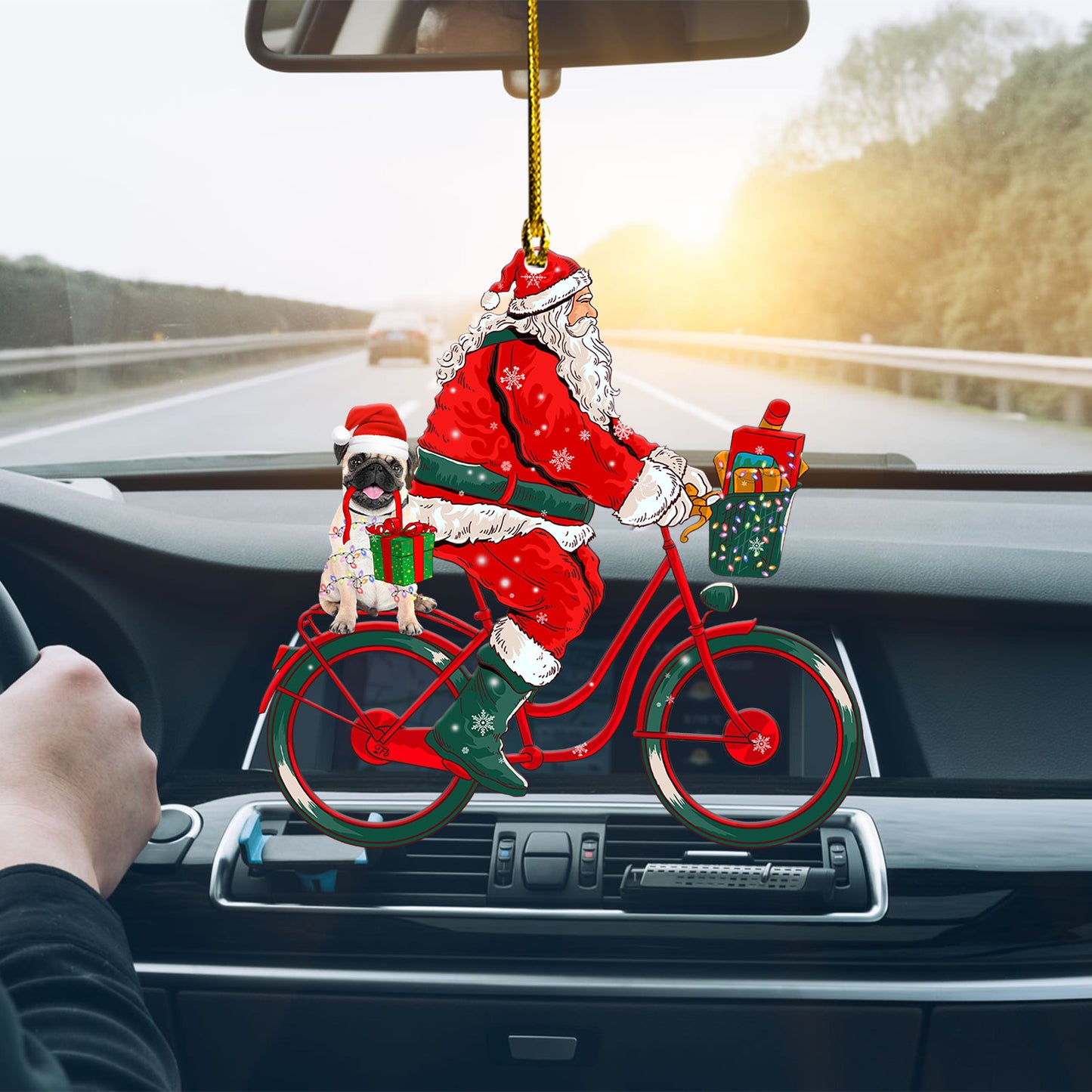 Petthouse | Cute Santa Ride Bike With Pug Car Ornament Pug Ornament Christmas Ornament