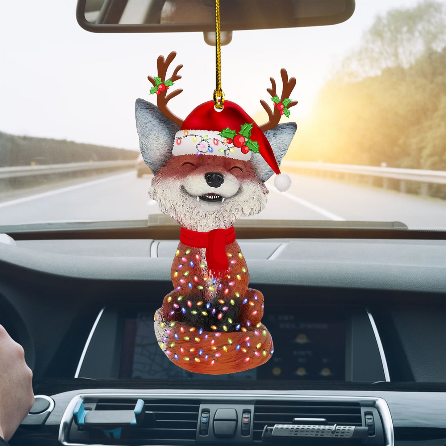 Petthouse | Fox Wear Santa Hat Car Decor, Fox In Reindeer Custom Car Hanging, Christmas Fox Lover