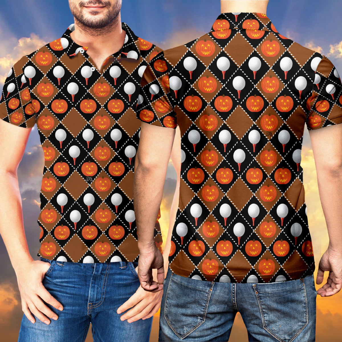 Petthouse | Golf Halloween Polo Shirt Pumpkin Pattern Polo Golf Player Gift Halloween Outfit Idea