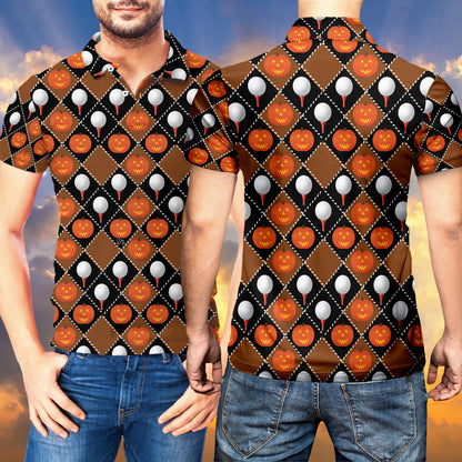 Petthouse | Golf Halloween Polo Shirt Pumpkin Pattern Polo Golf Player Gift Halloween Outfit Idea