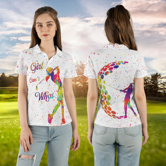 Petthouse | Girl Can't What Polo Shirt Woman Golfer Art Polo Shirt Colorful Pattern Polo Shirt Golfer Style